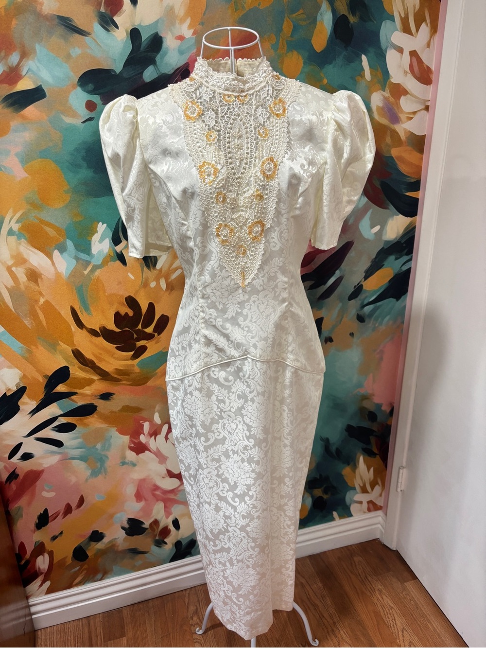 Vintage 80s Scott McClintock Ivory Brocade Dress Romantic Victorian Lace Peplum